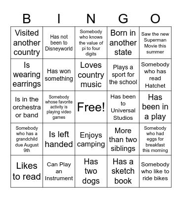 First Day Bingo Card