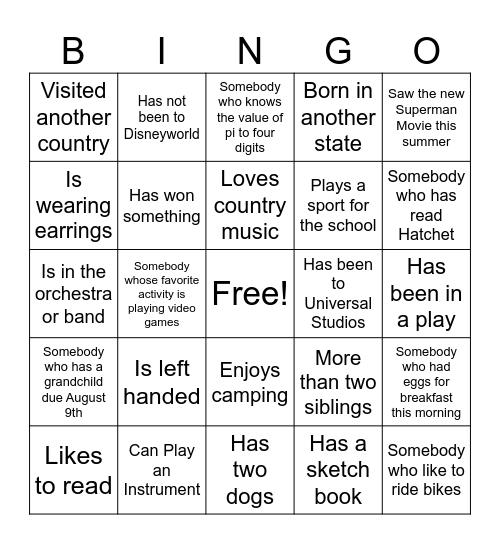 First Day Bingo Card