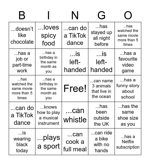 Human Bingo! Bingo Card