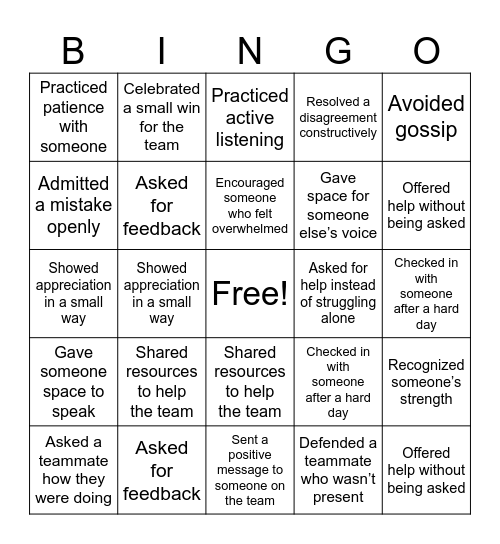 Better Teammate Bingo Card