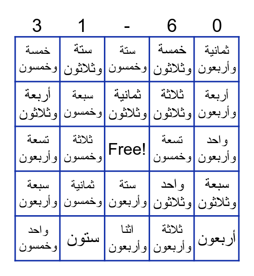 Bingo ( اﻷَرْقَام العَرَبِيَة) Bingo Card