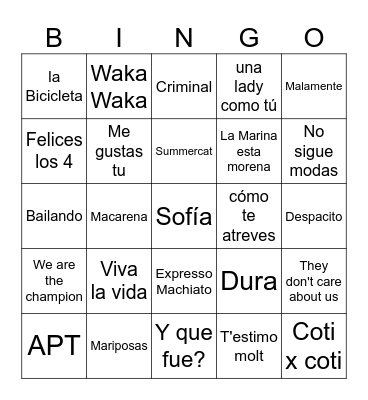 Bingo Musical Bingo Card