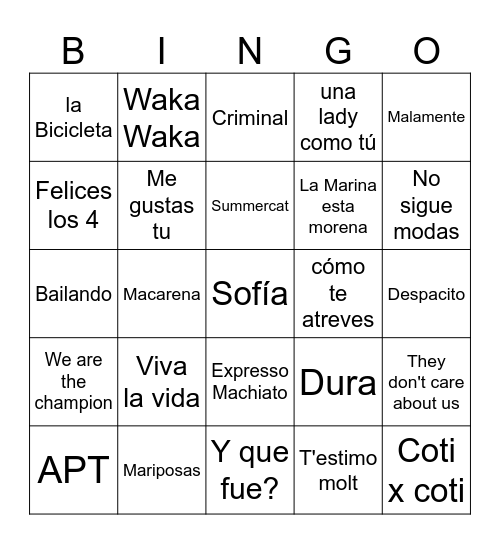 Bingo Musical Bingo Card
