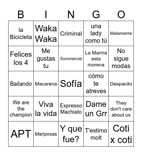 Bingo Musical Bingo Card