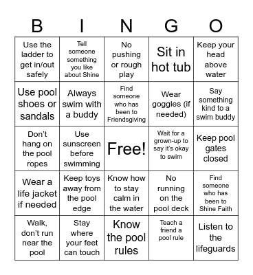 Pool Safety Bingo Card