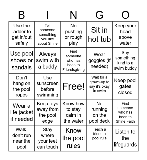 Pool Safety Bingo Card