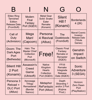 Nintendo Partner Direct 7/31/2025 Bingo Card