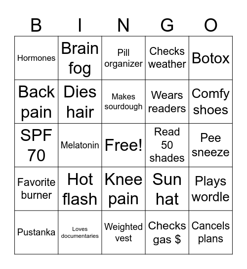 Menopause Bingo Card