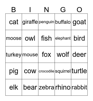 Animal Sign Bingo Card
