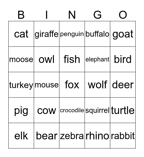 Animal Sign Bingo Card