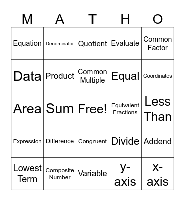 Math Vocabulary MATHO Bingo Card