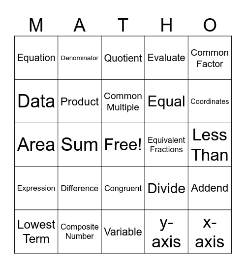 Math Vocabulary MATHO Bingo Card