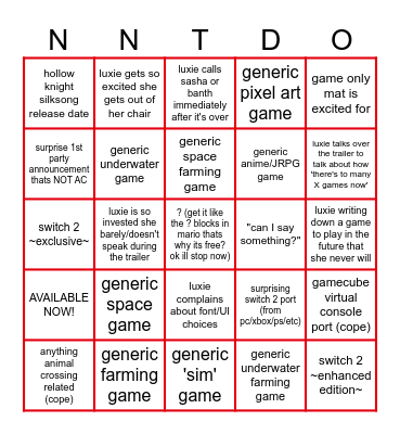 NiNTenDO Partner Direct Bingo Card
