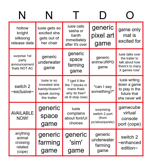 NiNTenDO Partner Direct Bingo Card