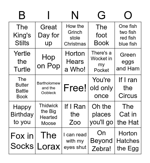 Dr. Seuss Bingo Card