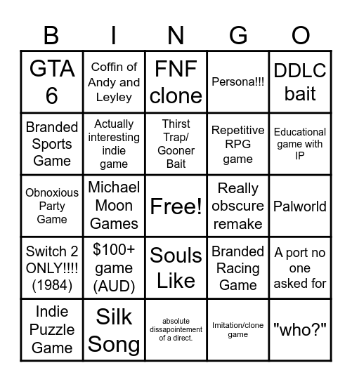 Nintendo Direct Bingo Card