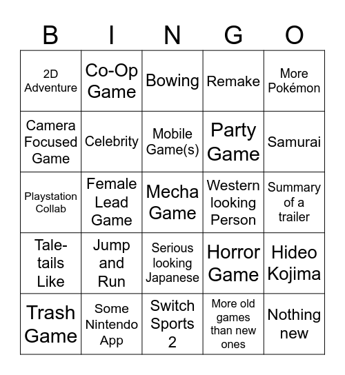 Nintendo Partner Showcase Bingo Card
