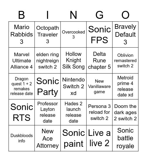 andy nintendo direct predictions 7/31/25 Bingo Card