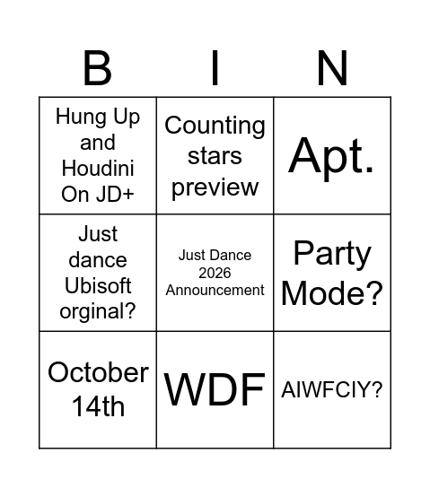 Just Dance 2026 Announcement Bingo Card