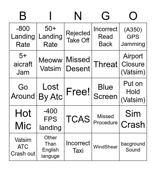 Flight Sim Bingo Card