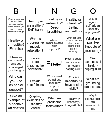 Coping Skills Bingo Card