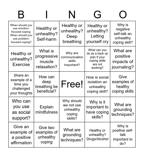 Coping Skills Bingo Card