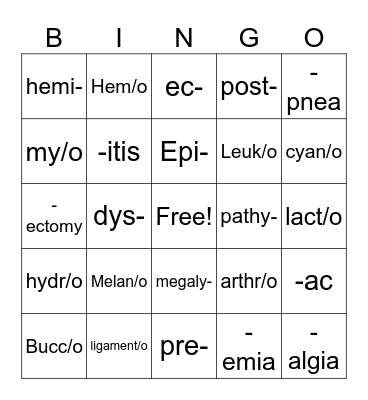 Medical Terminology Bingo Card
