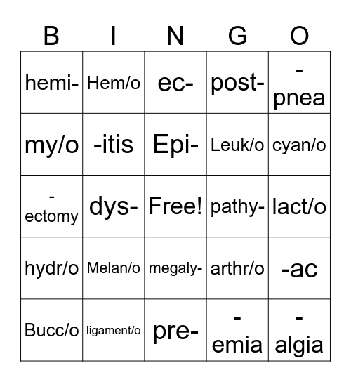 Medical Terminology Bingo Card