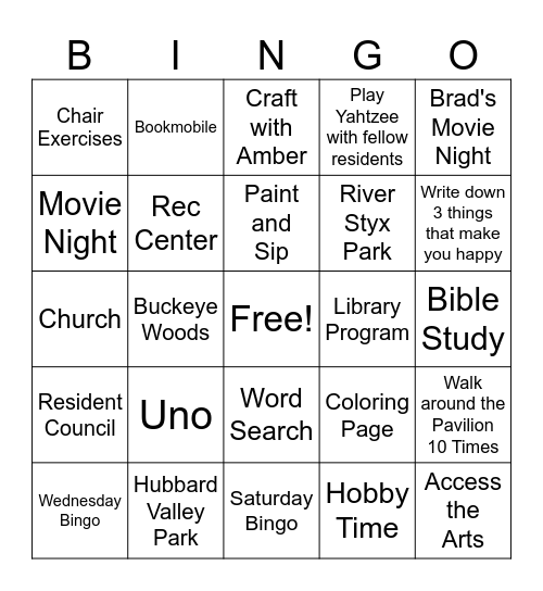 Activity Bingo Card