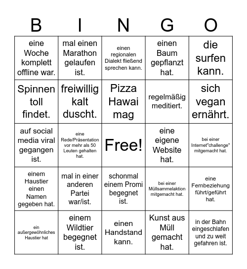 AG-Kampagne BING! Finde eine Person, die Bingo Card