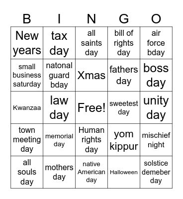 Holidays around the world Bingo Card