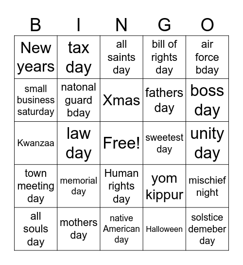 Holidays around the world Bingo Card