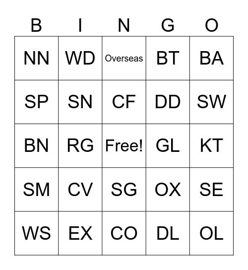 Post Code Bingo Card