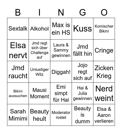 Beauty and the Nerd Bingo Card
