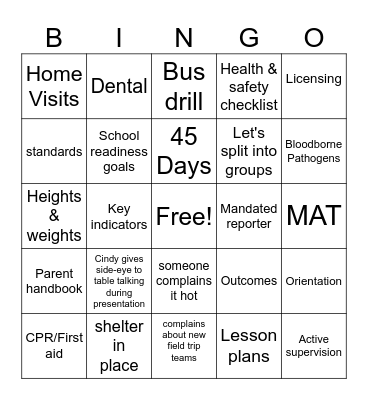 Head Start Preservice Bingo Card