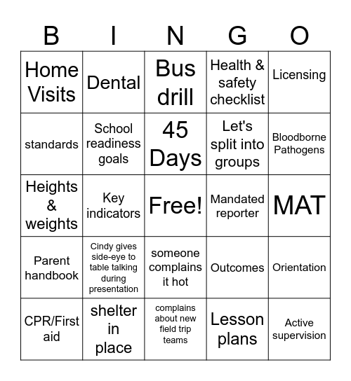 Head Start Preservice Bingo Card
