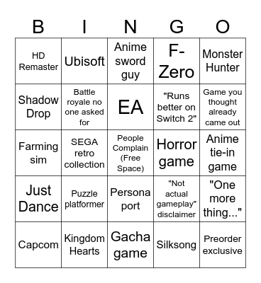 Nintendo Direct July 2025 Bingo Card