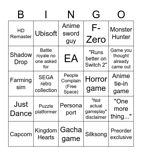 Nintendo Direct July 2025 Bingo Card