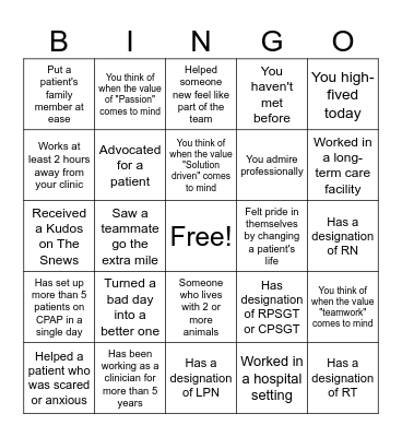 Resolve Clinician Team Member Bingo Card