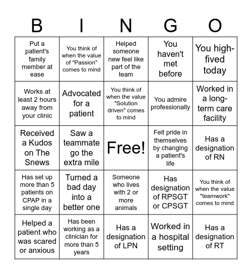 Resolve Clinician Team Member Bingo Card