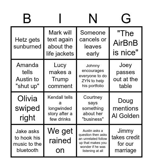 Cumberland Weekend Bingo Card