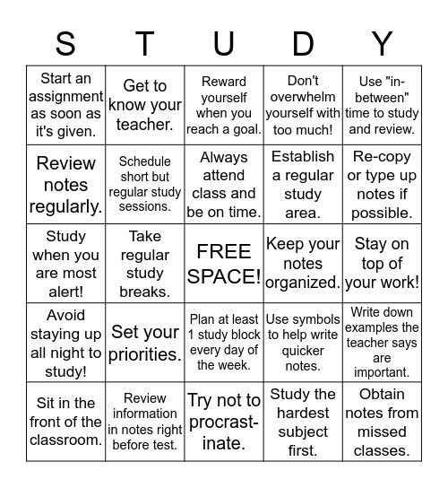 Study Smarter Bingo! Bingo Card