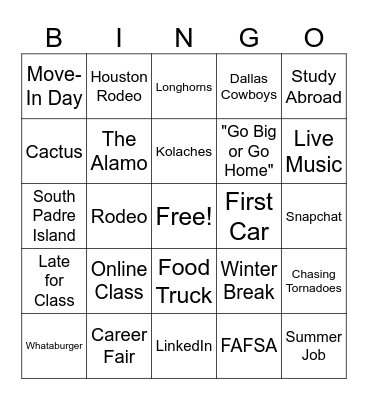 Student Life Bingo Card