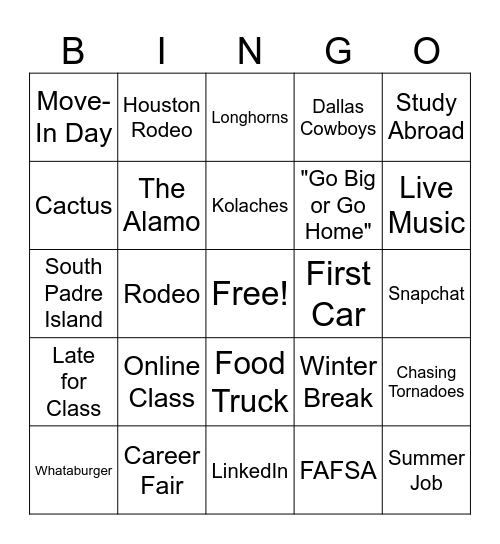 Student Life Bingo Card