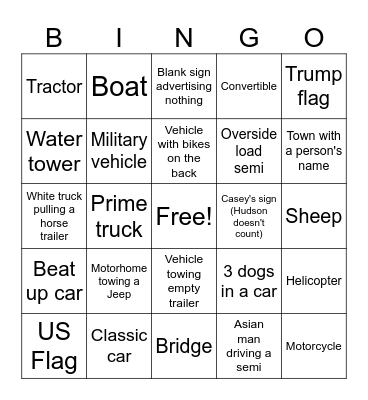 Road Trip Bingo Card
