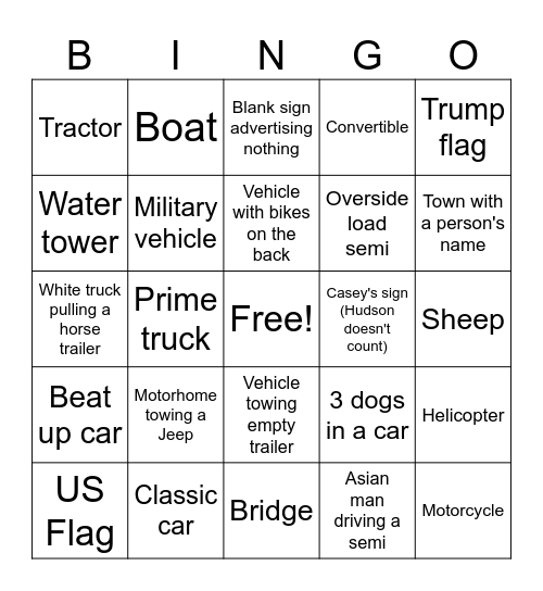 Road Trip Bingo Card