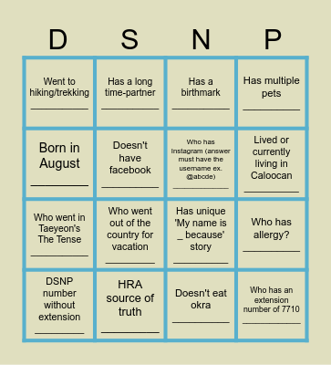 DSNP Navigator Bingo Card