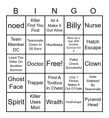 Dead By Daylight Bingo Card