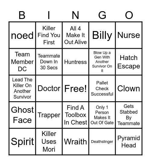 Dead By Daylight Bingo Card
