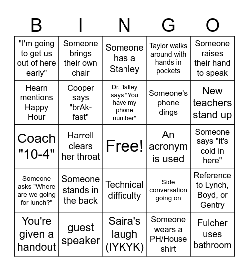 Opening Faculty Meeting Bingo Card